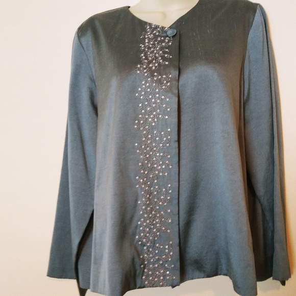 Eileen Fisher Slate Blue Silk Embellished Jacket - Picture 2 of 6